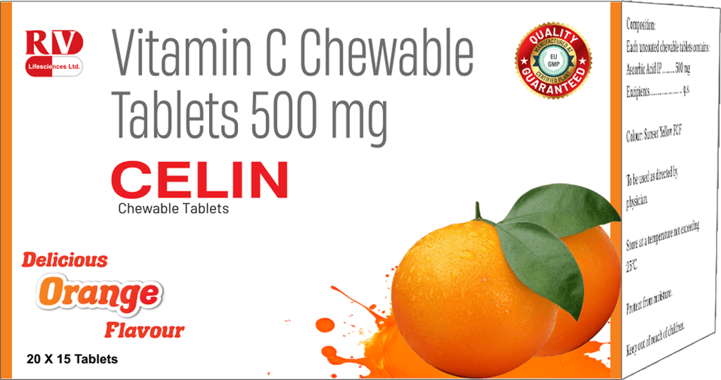 Celin Chewable carton — Vitamin C Chewable Tablets 500 mg, delicious orange flavour, 20 × 15 tablets