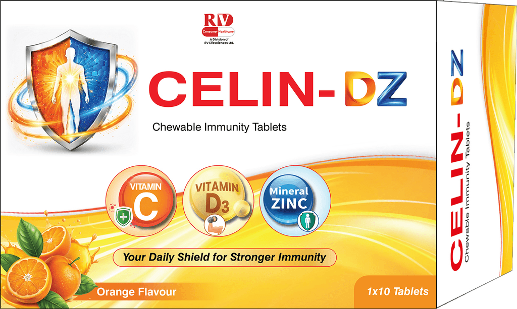 Celin DZ carton — chewable immunity tablets with Vitamin C, Vitamin D3 and Zinc, orange flavour, 1 × 10 tablets