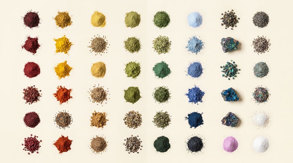 Dozens of small heaps of powders, seeds and granules, each a different colour and texture, laid out in an even grid on a cream ground.