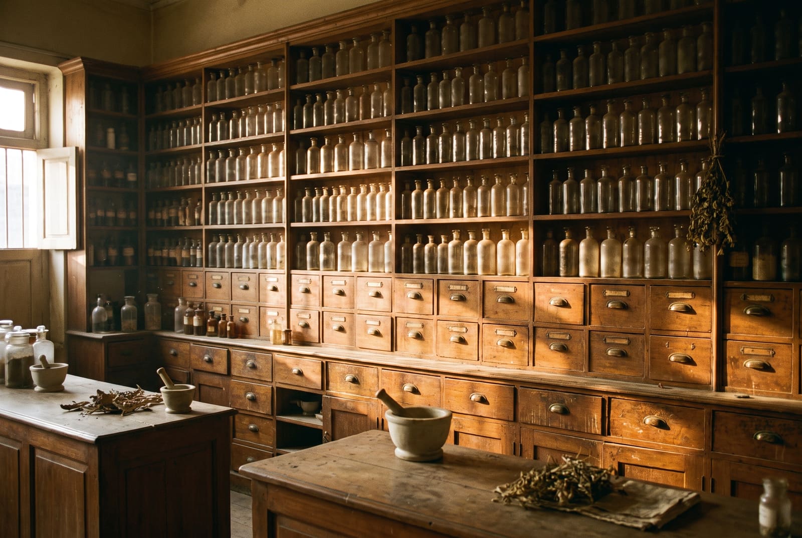 An old pharmacy interior: aged wooden shelving filled with rows of plain glass apothecary bottles and small drawers, lit by warm afternoon light.