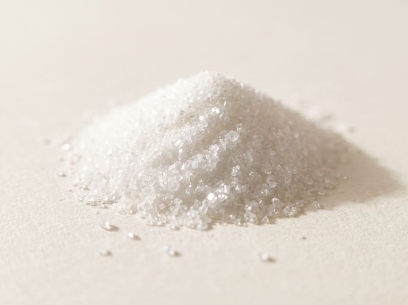 A small heap of fine white crystalline powder with loose crystals scattered beside it.