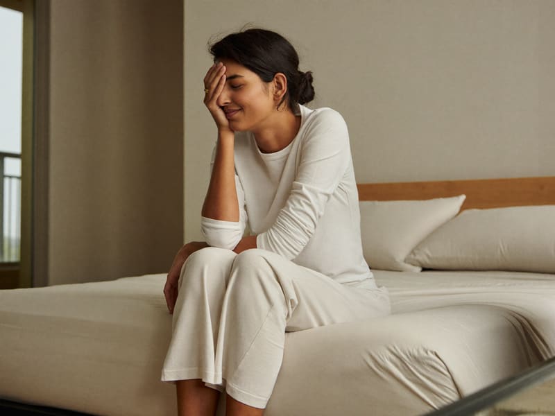 A woman sitting on the edge of her bed in morning light, one hand to her face, still waking up.