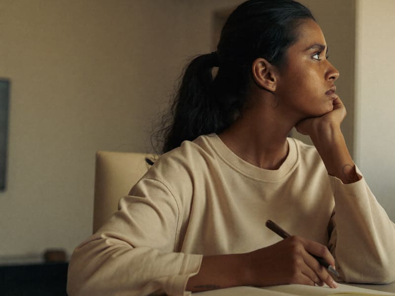 A woman at a desk with a pen in her hand, chin resting on her palm, looking away from the page in front of her.