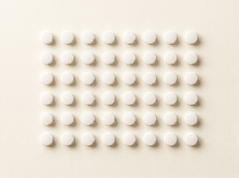 Many identical white tablets arranged in an even grid, a month of daily doses.