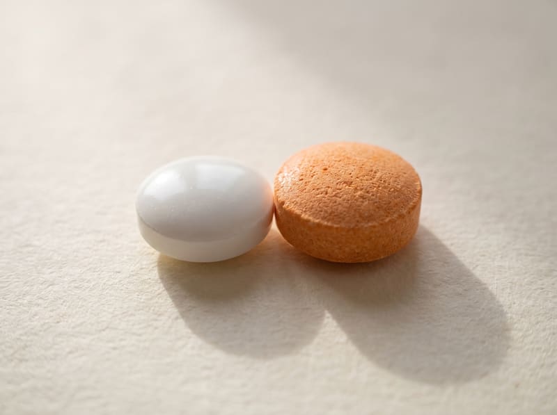 A smooth white tablet resting beside a matte orange chewable tablet.