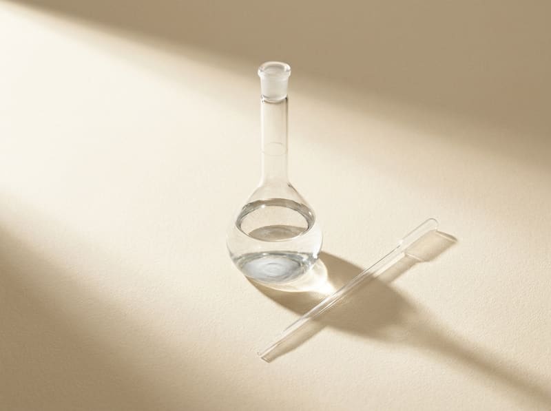 A clear glass laboratory flask and a slim pipette on a warm cream ground.